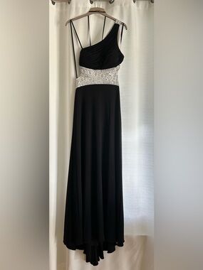 Betsy & Adam Black One-Shoulder Low Back Prom Dress with Silver Beaded Waist